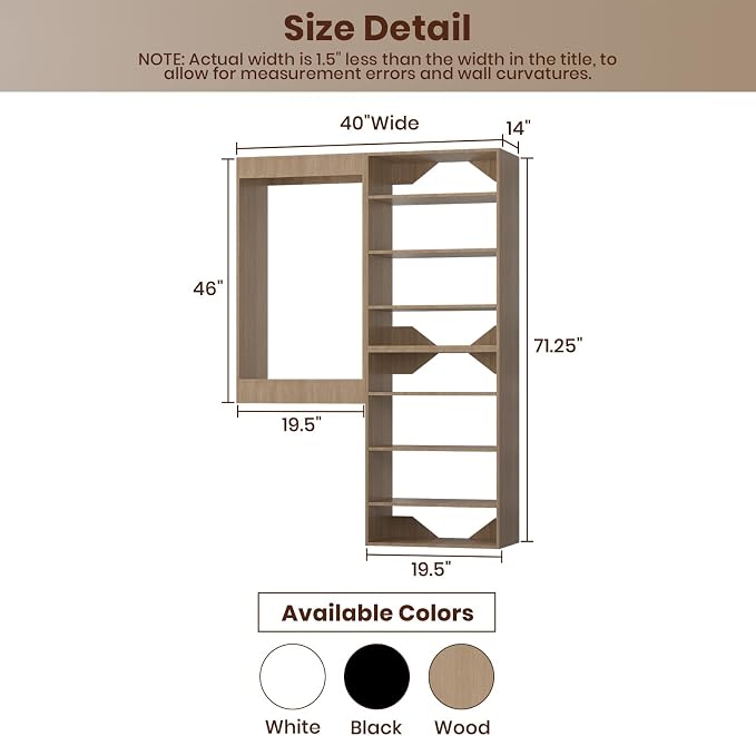 ROOMTEC Modular Closet System, 40" Wall-Mounted Closet Organizer with Hanging Rods and Shelves, Wooden Tower for Walk-In Closets, Wardrobe Storage Kit, Wood