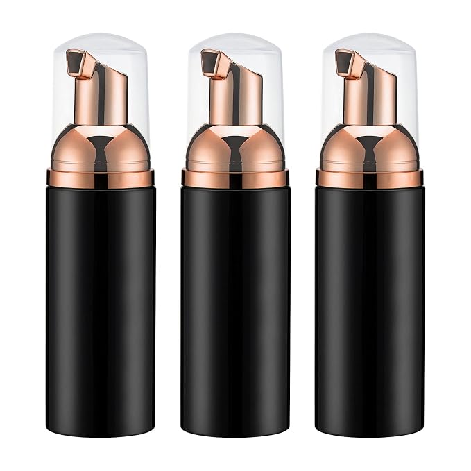 Travel Foam Pump Bottle - 2oz Small Size Foaming Hand Soap Dispenser - Mini Portable Mousse Lash Shampoo Kit Container for Hair - Empty Leak Proof Plastic Rose Gold &Black Foamer 3Pack