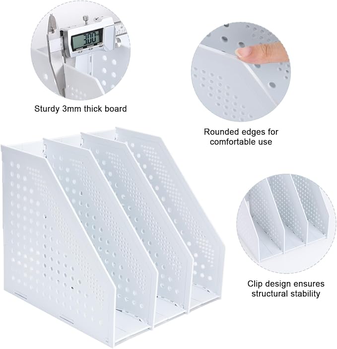 FRETONBA Collapsible Magazine File Holder, 3 Vertical Compartments | Foldable Space-Saving, Sturdy Plastic Binder Holder, Compact for Desk or Shelf, for Office & Home, Easy Access, Light Gray