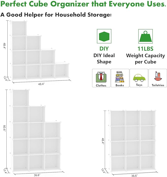 C&AHOME Cube Storage Organizer, 12-Cube Shelf Units, Closet Cabinet Milky | DIY Plastic Modular Bookshelf, Stackable Clothes Organizer Shelving Ideal for Home, Bedroom, 36.6" L x 12.4" W x 48.4" H