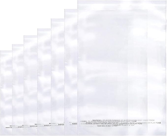 500 Count Combo Pack Warning Bags - 6x9, 9x12, 10x13, 11x14, 14x19 Inch Self Seal Celar Poly Bags with Suffocation Warning with Reclosable for Packaging, Clethes