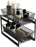 IBERG 2 Tier Bathroom Organizer with Pull Out Drawer, Under Sink Storage Organizer for Kitchen Cabinet, Metal Sliding Basket (Black)
