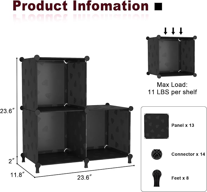 UNKU Cube Storage Organizer, 3 Cube Closet Organizer Storage Shelves, DIY Stackable Bookcase, Clothes Organizer Shelf for Closet, Bedroom, Living Room, Cabinet, Home, Office, Black