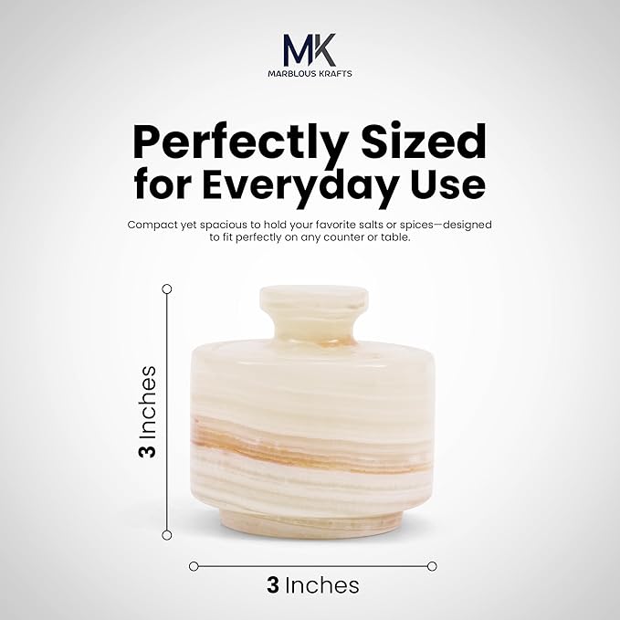 MARBLOUS KRAFTS Marble Salt Cellar 3 Inch White Onyx Salt Holder With Lid for Spice Jar & Stone Salt Container, Modern Sugar Bowl