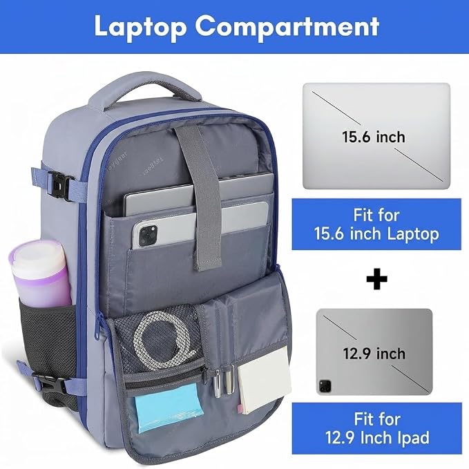 Taygeer Large Travel Backpack for Men Women, 35L Carry On Backpack | Airline Approved Personal Item Travel Bag with Water Bottle Pocket & Shoe Pouch, Laptop Backpack for Gym Hiking, Gray Blue