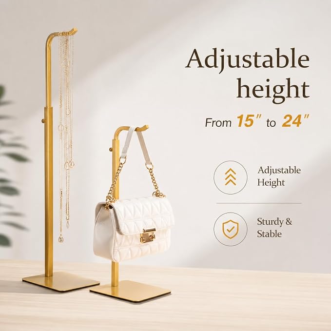 Purse Display Stand, Height-Adjustable Tabletop Handbag Holder, Multi-Use Display Rack and Banner Stand for Happy Birthday Banners, Lanterns and Wreaths, for Home, Retail and Party Use, Gold