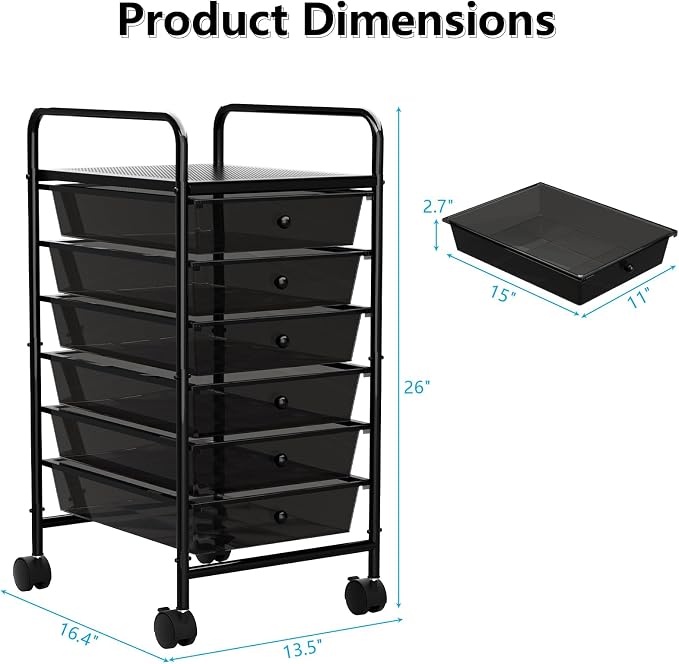 Rolling Cart with Drawers, 6-Tier Rolling Storage Cart with Drawers, Rolling Utility Cart with 6 Drawers with 2 Lockable Caster Wheels for Office Bathroom Kitchen, Transparent Black