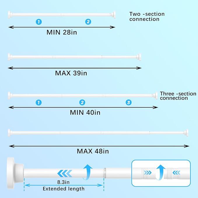 AIZESI Tension Rods for Windows 28 to 48 Inch, 1 Inch Diameter Tension Curtain Rod White Adjustable Non-Drilling, Anti-Slip, Anti-Rust Spring Loaded Curtain Rods Small Shower Curtain Rod