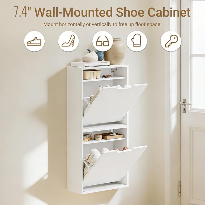 Haotian Wall Mounted Slim Shoe Cabinet for Entryway | Narrow Shoe Rack with 2 Flip Drawers, Hidden Shoe Storage Organizer, Anti-Tip Design, White, FSR210-W