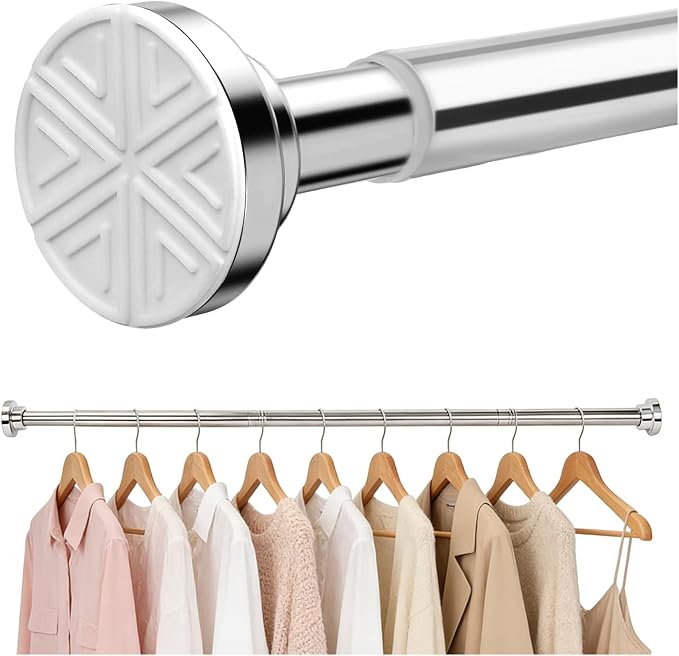No Drilling Adjustable Closet Rod, 26-65 Inches Heavy Duty Tension Rod for Hanging Clothes for Closet, Laundry Room & RV, Silver
