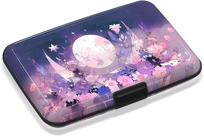 Mini Credit Card Holder for Women Men, RFID Blocking Slim Metal Card Case ID Case Business Travel Hard Wallet, Purple Flowers Moon