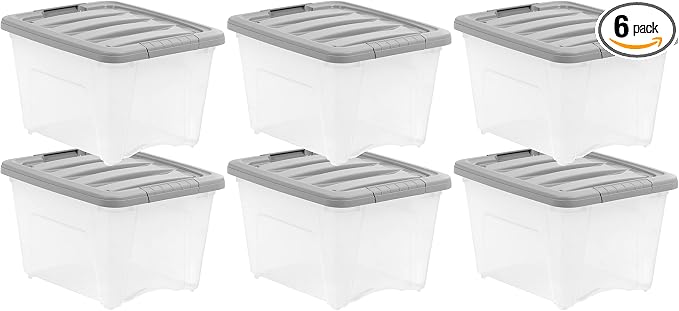 Amazon Basics Plastic Storage Containers with Secure Latching Lids, Stackable Organization Bins, Clear/Grey, 19 Quart, Set of 6