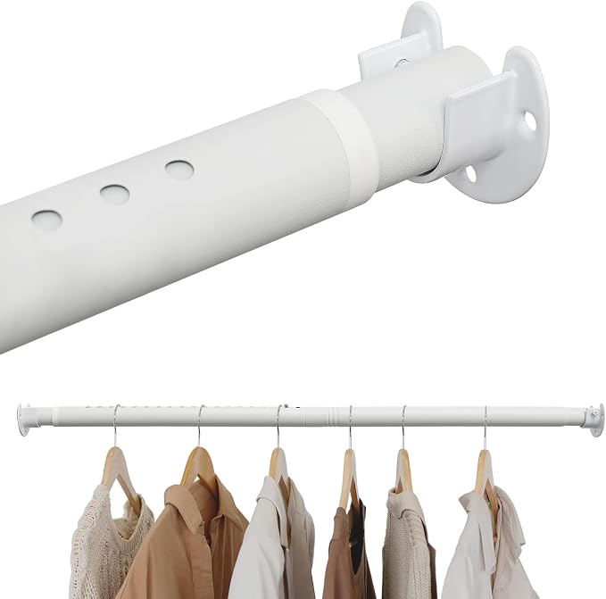 Closet Rods for Hanging Clothes, 16 to 84 Inches Closet Rod, White Closet Hanging Rod, Adjustable Rod for Closet to Hang Clothes Heavy Duty Clothing poles for Closet, Wardrobes, Laundry, RV