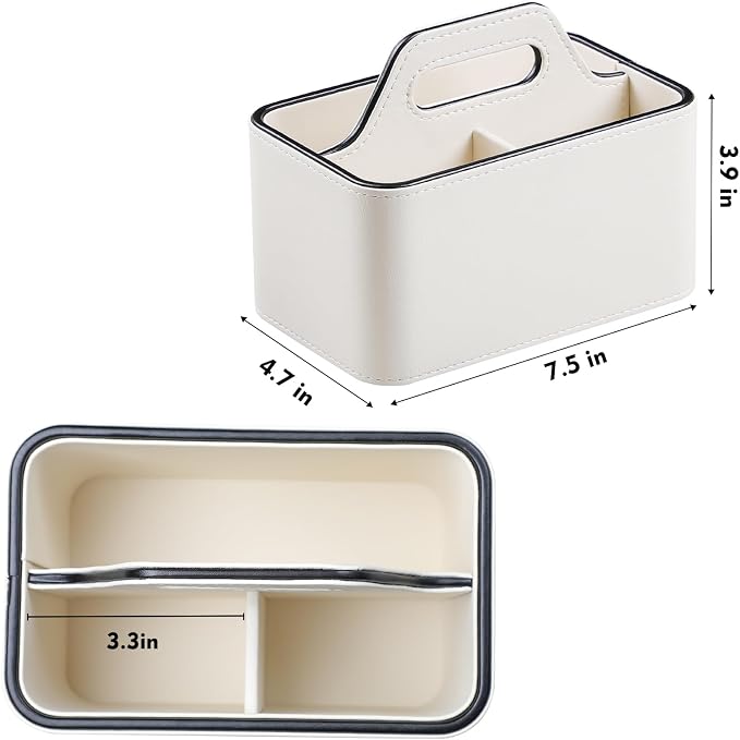 PU Leather Remote Control Holder, Desk Caddy Organizer with Handle Beige | 3 Compartments Portable Remote Organizer, Remote Caddy Bedside Holder for Office Storage Supply Organizer