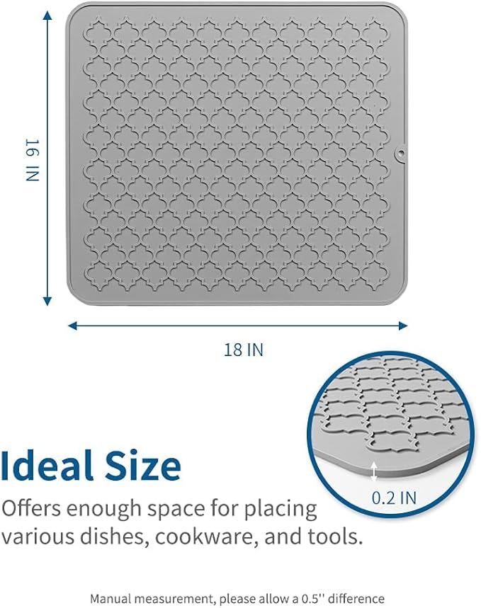 AMOAMI-Dish Drying Mats for Kitchen Counter-Silicone Dish Drying Mat-Kitchen Dish Drying Pad Heat Resistant Mat-Kitchen Gadgets Kitchen Accessories Kitchen Small Appliances(16" x 18", GREY)