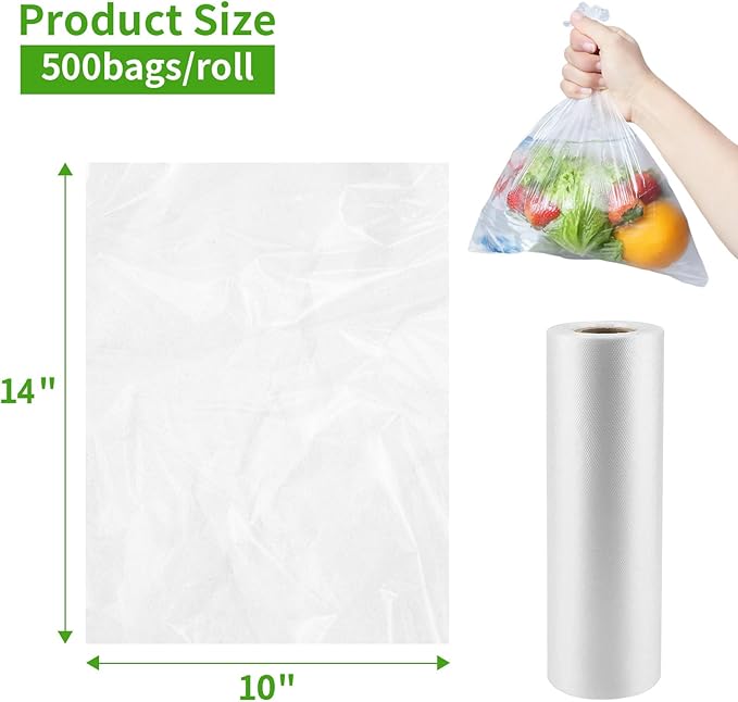 Food Storage Bags, 10” x 14”Plastic Produce Bags on a Roll, Clear Plastic Bag for Food, Fruit, Vegetable, Refrigerator Storage, Kitchen, 500 Bags/Rol