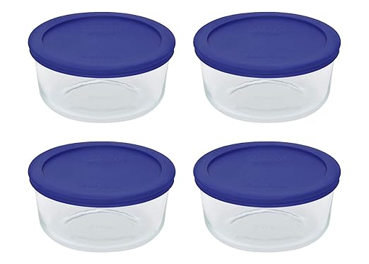 Pyrex 7201 4-Cup Glass Bowls & Cadet Blue Lids (4-Pack) | Tempered Construction | BPA-Free Plastic | Freezer Safe | Top-Rack Dishwasher Safe | Meal Prep & Kitchen Organization