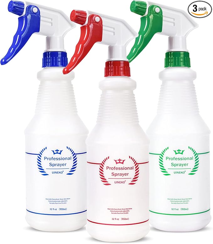 Uineko Plastic Spray Bottle (3 Pack, 32 Oz, 3 Colors) Heavy Duty All-Purpose Empty Spraying Bottles Leak Proof Commercial Mist Water Bottle for Cleaning Solutions Plants Pet with Adjustable Nozzle