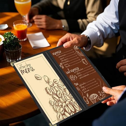 Goodsmart Restaurant Menu Covers - 25 Pack Black 2-Page/4-View 4.25" x 11", Top-Loading Vinyl Menu Holders with Clear Sleeves, Double-Stitched Edge, Leather-Style Café Covers with Gold Corners