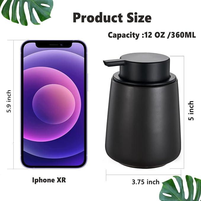 12Oz Foam Hand Soap Dispenser - Black Foaming Soap Dispenser Bathroom with Easy-to-Press Pump, Refillable Liquid Lotion Hand Soap Dispenser, Ceramic Kitchen Dish Soap Dispenser Hand Wash Dispenser