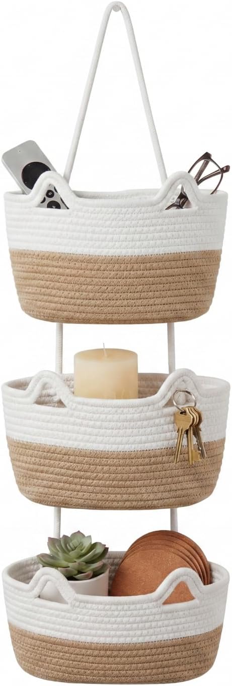 Hanging Basket, Woven 3 Tier Over Door Basket with 4 Hooks | Hanging Storage Basket for Door, Wall, Nursery, Bathroom, Bedroom, Decorative Over Door Basket with Cute Cat-Like Style