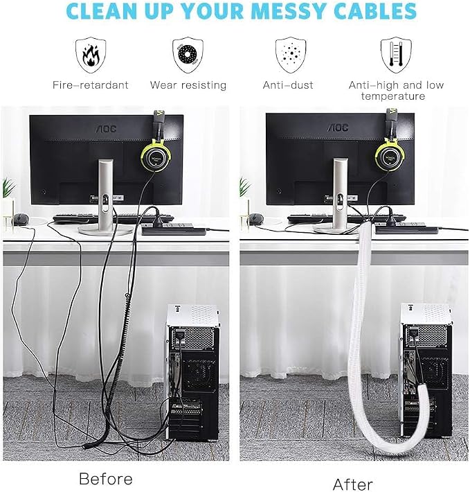 AGPTEK Cable Sleeve, 6.6ft - 2/3 inch Cable Management Desk Cord Cover Organizer Wire Hider for Home Office Computer TV Wire Loom Tubing Pet Proof Cord Protector from Cat Dog Chewing, White
