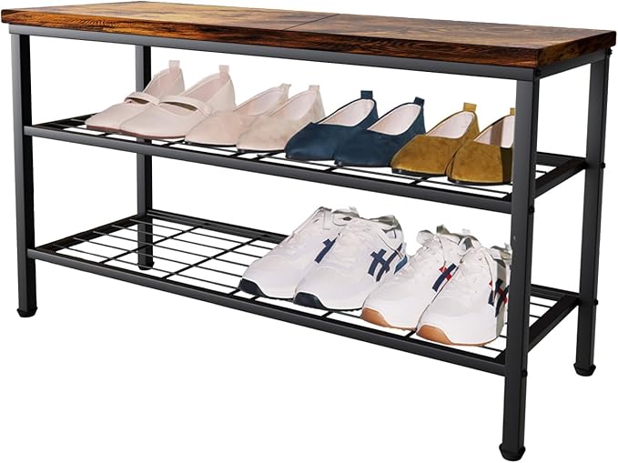 3-Tier Metal Shoe Rack with Wood Top - Durable & Space-Saving Shoe Organizer,Industrial Shoe Organizer Shelf Bench Storagefor Closet Entryway, Bedroom & Hallway - Bronze + Black 28.5 W × 18" H