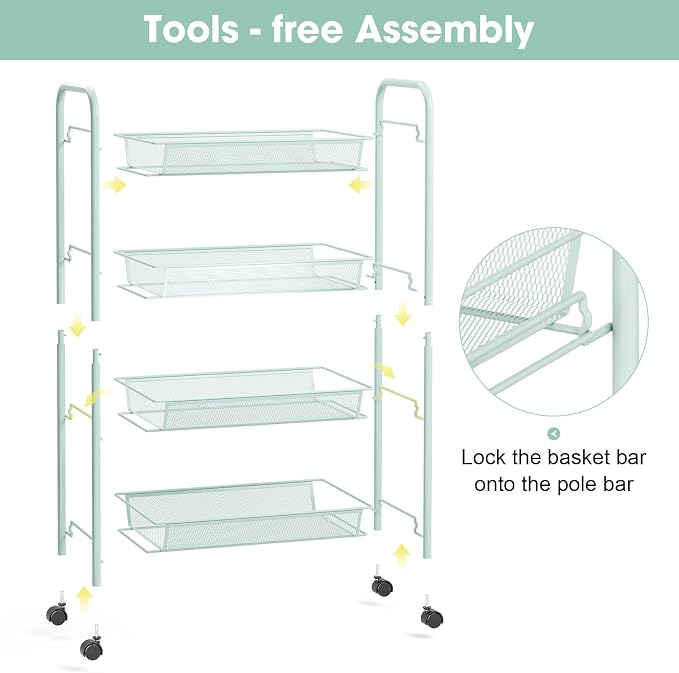TOOLF 4-Tier Rolling Cart, Metal Utility Cart with 3 Hooks, Easy Assemble Mobile Storage Trolley On Wheels, Metal Shelving Units Kitchen Bathroom Laundry Room