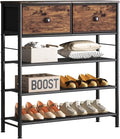 INGIORDAR 5 Tier Shoe Rack Storage Organizer with 2 Drawers MDF Board | Metal space-saving Shoe Shelf stores 16 Pairs of Shoes for Closet Entryway Bedroom Living Room Garage Black+Rustic Brown