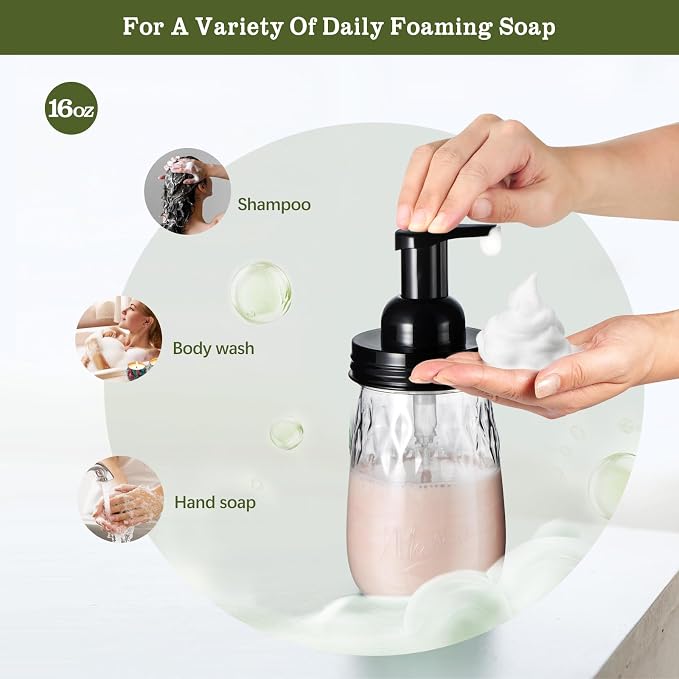 Amolliar 16Oz Foaming Soap Dispenser with Pump Lid, Plastic Refillable Foam Hand Dish Soap Dispenser Set, Clear Diamond Dispenser with Lable for Farmhouse Kitchen Bathroom (2 Pack, Black)