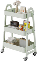 DUMOS 3 Tiers Rolling Cart, Utility Cart, Metal, Light Green | Mobile Storage, Lockable Wheels, Utility Shelving Unit, Kitchen, Bathroom, Laundry, Narrow Places