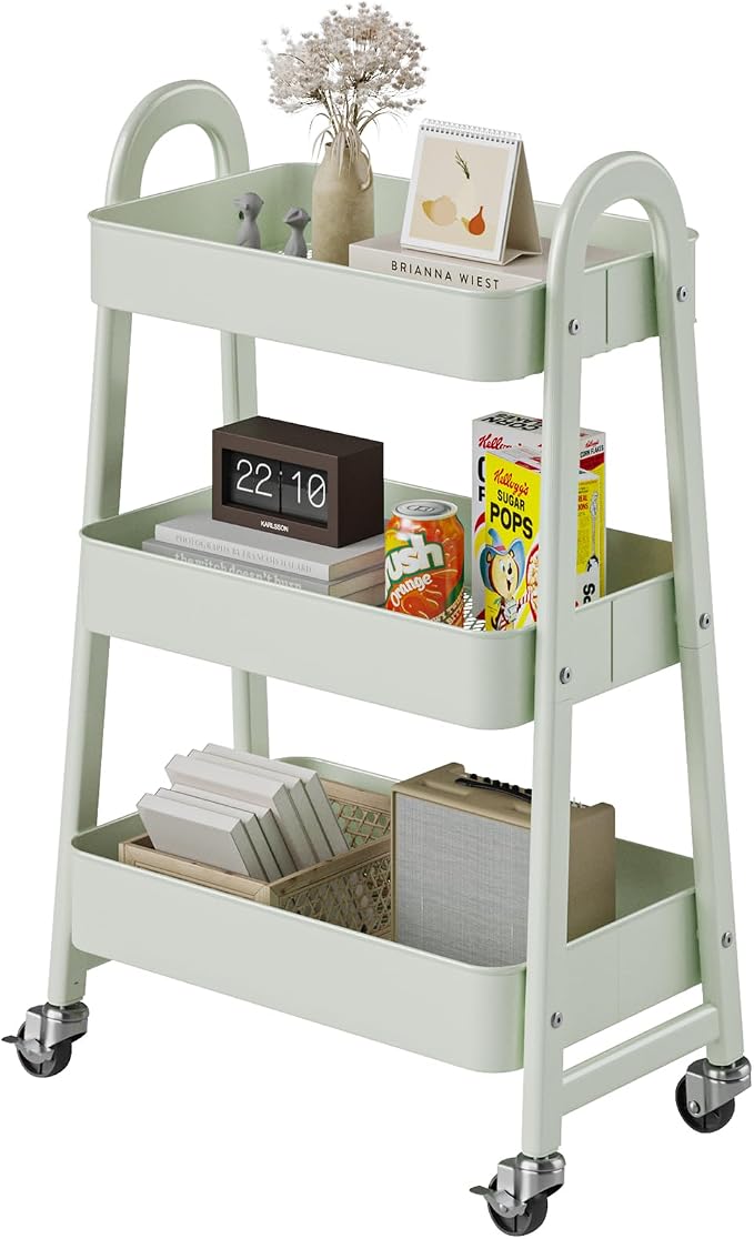 DUMOS 3 Tiers Rolling Cart, Utility Cart, Metal, Light Green | Mobile Storage, Lockable Wheels, Utility Shelving Unit, Kitchen, Bathroom, Laundry, Narrow Places