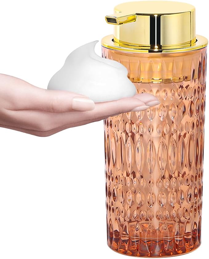 Foam Soap Dispenser, Brown Glass Foaming Soap Dispenser with Pump, 14 Oz Bathroom Refillable Liquid Lotion Pump Bottle Container for Kitchen Countertop Decor