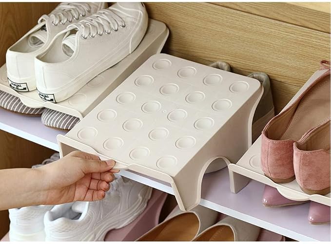 4 Pack Stacking Shoe Organizer for Shelf 10x8.7 in – Double Layer Space Saving Shoe Dividers for Shelves – Footwear Riser for Heels Under 4.7", Sneakers & Flats Storage for Small Closets, Dorms, Apts