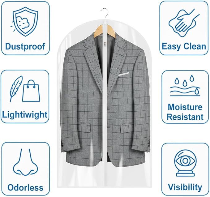 36” All Clear Garment Bags for Women Suit Bags - PEVA Waterproof Suit Cover with Zipper for,Hanging Clothes, Coats - Durable Dresser for Closet Storage, Dustproof & Moisture Resistant - 36”/12 Pack