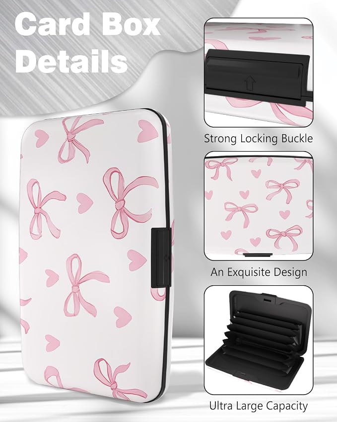 Maicican Credit Card Holder, Mini RFID Blocking Aluminum Wallet | Slim Metal Hard Case Travel Wallet ID Case for Women and Men, 4.3 x 2.9 Inches, Pink Bow