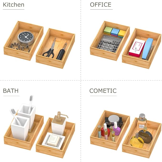 Bamboo Kitchen Drawer Organizer 9"x 6", Wooden Stackable Silverware Tray | Utensil Organizer Cutlery Holder for Kitchen, Wooden Storage Box for Bathroom, Multi-Use Storage Bins Dividers for Office