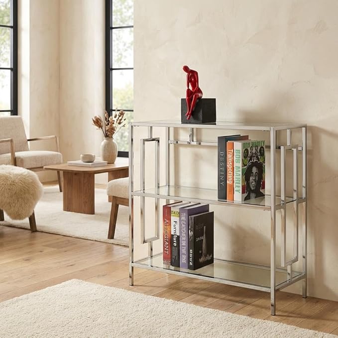 Furnifact Chrome 3-Tier Bookcase with Stylish Glam Design, Clear Glass Shelves, Durable Chrome Frame, Suitable for Modern Home Decor