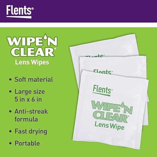 Flents Wipe ’N Clear Biodegradable Lens Wipes, 225 Count Pre-Moistened Eyeglass Cleaner Wipes for Glasses, Screens, and Lenses, Anti-Streak, Quick Dry, Individually Wrapped
