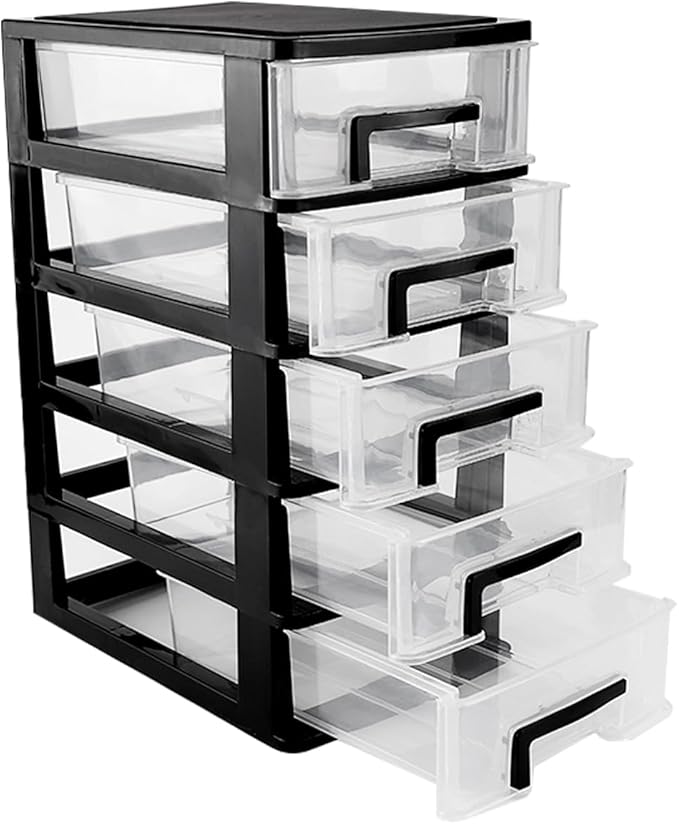 Plastic Desk Organizer,Desk Storage Box with 5 Drawers,Cosmetics Jewelry Storage Box Multifunction Storage Rack for Office School Home (Black &Transparent)
