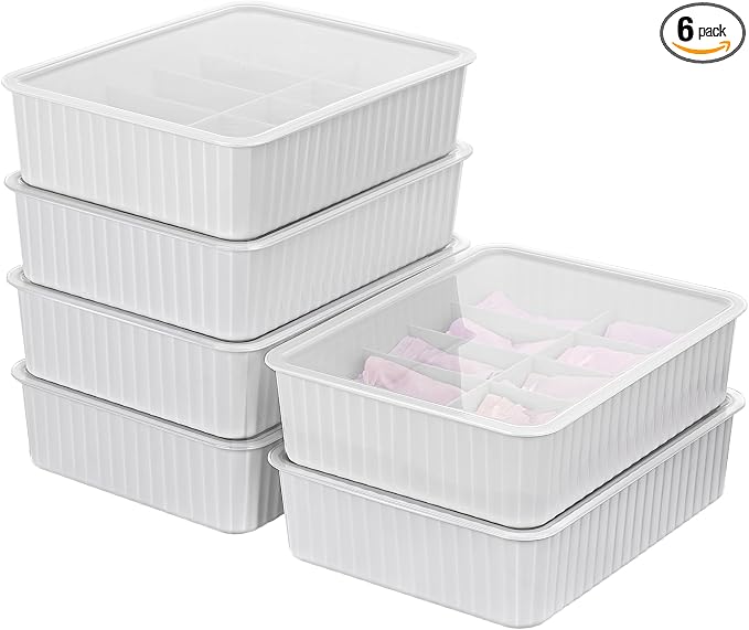 Cetomo 10 Cells Plastic Underwear Sock Drawer Organizer with Lid, Lidded Storage Box with Dividers for Bras and Socks, Basket for Closet, Stackable, Gray, 10 Compartments (31 x 24 x 8 cm)