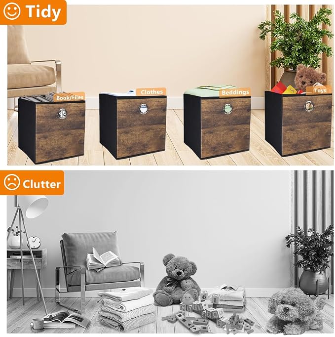 4 Pack Durable Storage Cube Bins with Decorative Wood Grain,Thickened Fabric Box,Storage Basket for Shelves,Closet,Storeroom,Bedroom,Living Room,Nursery,Office,Dorm,RV, 12x12x12in ( (Medium)