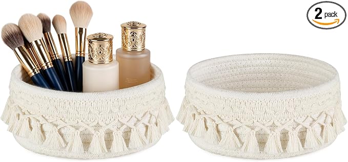 Mkono Macrame Makeup Brush Holder, Boho Mini Storage Basket Set of 2 Ivory | Small 7"W x 3.15"H, Decorative Basket, Comb Pens Tiny Succulents Holder, Bedroom Vanity Living Room Bathroom Dorm Office