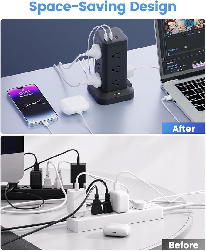 Power Strip Tower with Surge Protector 1800J, Fast Charging Tower PD20W USB-C Ports with 12 AC Outlets, Extension Cord for Home Office Dorm Room, 15ft, Black