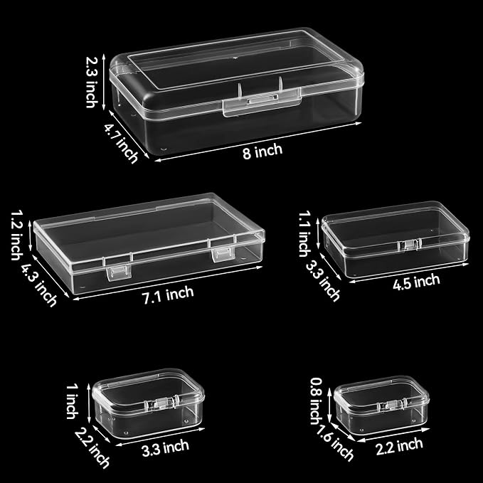42 Pieces Mixed Sizes Rectangular Empty Mini Clear Plastic Organizer Box | Hinged Lids, For Small Items, Craft Projects