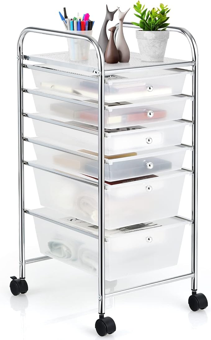 DREAMADE Rolling Cart with Storage Drawers, Utility Cart with Removable Plastic Drawers, Lockable Wheels, Art Cart for Classroom Organization Art Supplies Office Scrapbook (6 Drawers, Transparent)