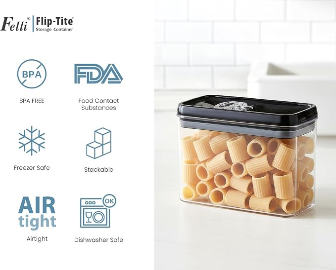 Felli Flip Tite Storage Container with Lid 4” RECTANGULAR Airtight Ring Flip Top, Stackable Kitchen Counter Pantry Organizer Acrylic Canister Jar for Pasta Spaghetti Cereal Granola Coffee