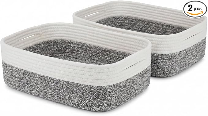 Large Shallow Basket, 15"x11"x5.1", Baskets for Organizing 2 Pack | Shallow Storage Basket for Organizing, Shelves, Living Room, Nursery, Bathroom, Cotton Rope Basket Organizer, Small Baskets