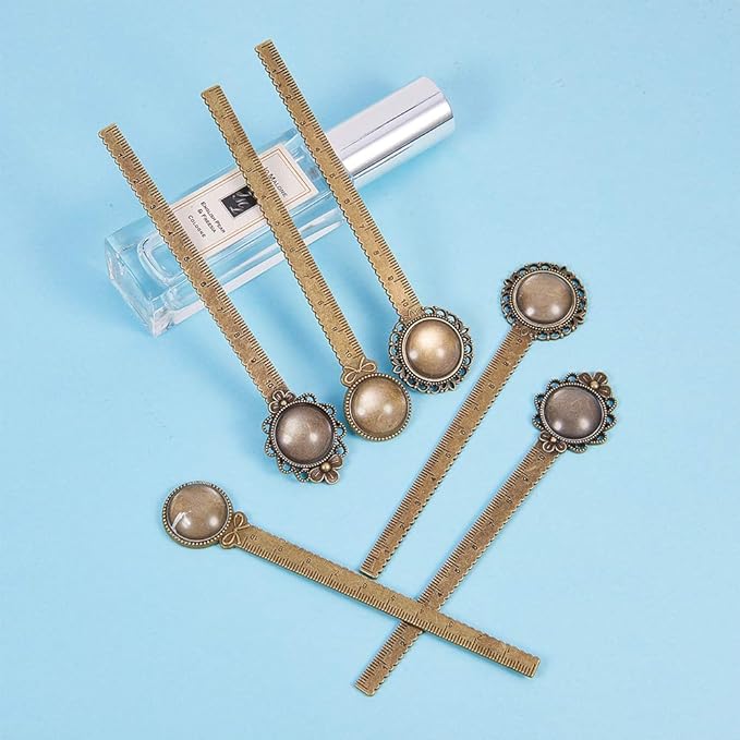 SUNNYCLUE 12PC DIY 6 Sets Ruler Pendant Tray Kit Round Cabochon Setting Blanks with Clear Domed Glass Cabochon for Alloy Bookmark Making, Antique Bronze
