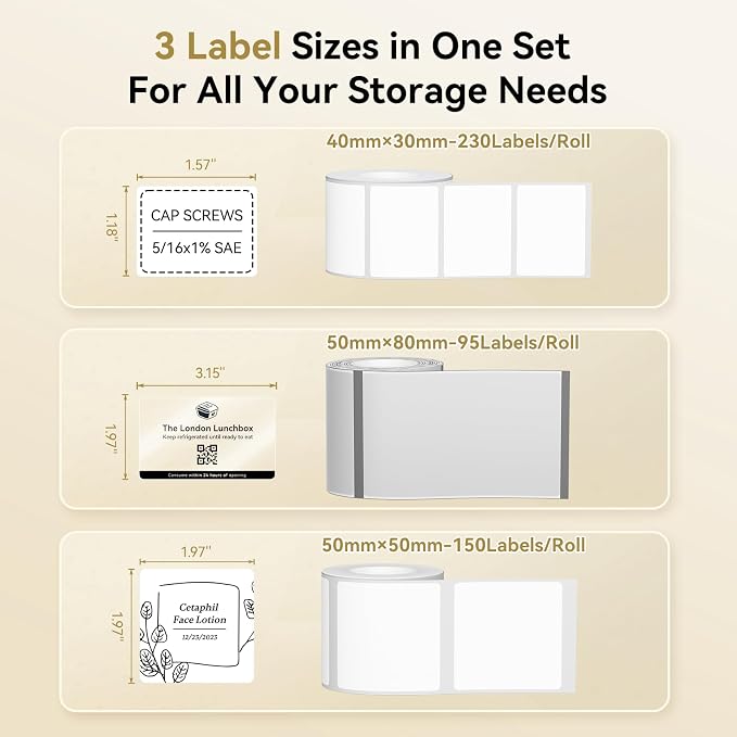 NIIMBOT Thermal Label Tape 3 Rolls, Compatible with B1 B21 B31 Label Maker | Multi-Size Pack, 40x30mm White, 50x80mm Clear, 50x50mm White | for Address, Jar, Gift, Logo & File Organization Stickers